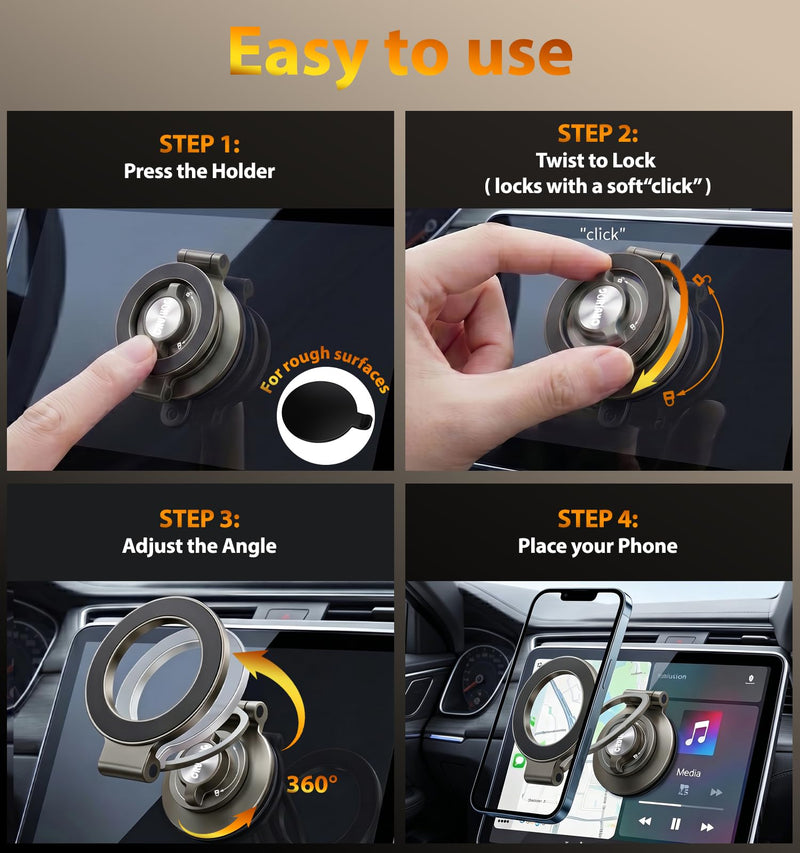Upgraded Lock/Suction Cup Vacuum Magnetic Phone Holder，Adjustable&Foldable&Portable Zinc-Alloy Magnet Suction Phone Mount for Your Car/Dashboard/Desk/Windshield/Gym/Mirror,for iPhone Android