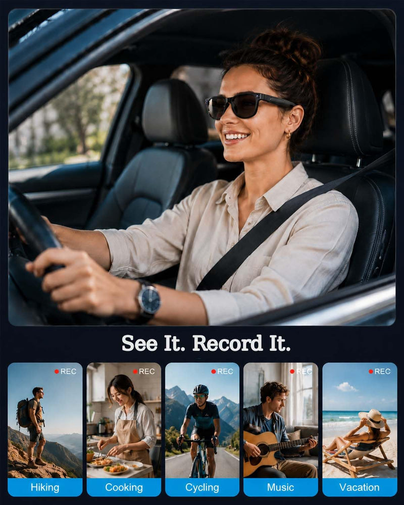 W & O AI Smart Glasses with Camera,8MP Photo Camera Sunglasses,1080P Video Recording Glasses with Dual Mic Noise Cancellation,Bluetooth,Real-Time Translation,for Men Women(Sunglass Lenses) Dark lenses