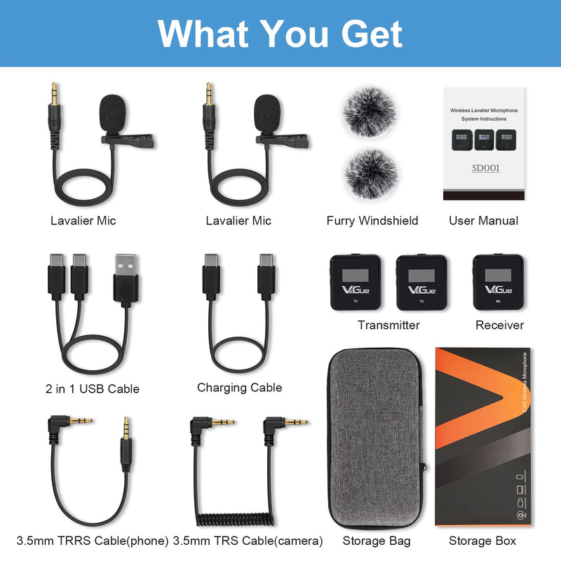 VeGue Wireless Lavalier Microphone System, 2.4GHz Dual Channel Wireless Lapel Mic with Noise Cancellation for DSLR Cameras, Camcorders and Phones, Lavalier Mic for TikTok, Interview and Recording Black