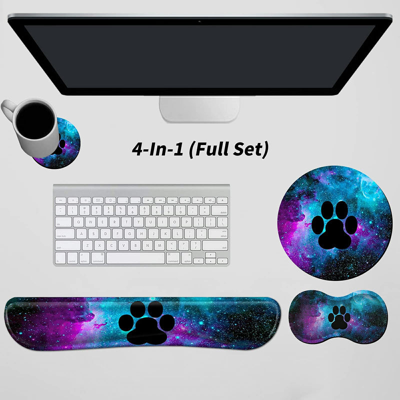 Mouse Pad Wrist Support Keyboard Wrist Rest Combo+Cup Coaster [4-in-1] , Easy Typing Pain Relief, Memory Foam Gel Elbow Cushion Mousepad Set for Computer Laptop Office Home - Paw Galaxy