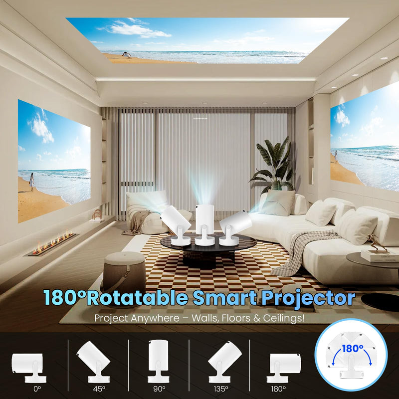 [AUSTRALIA] - Mini Projector with WiFi and Bluetooth, 4K 1080P Support Portable Projector with Speaker, 110'' Big Screen Projection, Auto Keystone, 180° Rotatable Smart Projector for Phone/TV Stick/Laptop White. 