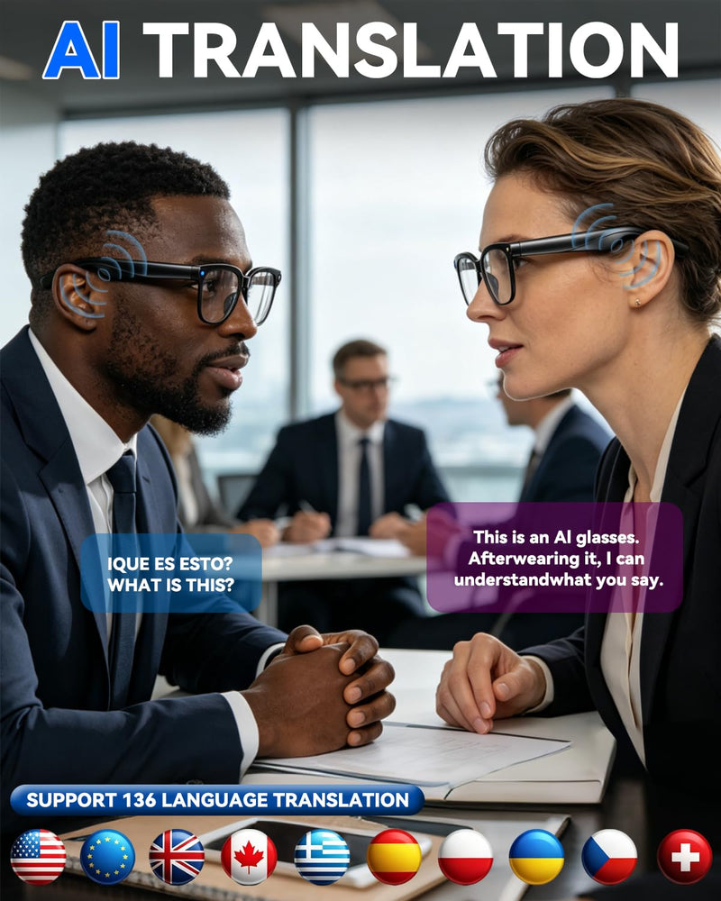 Smart Glasses with Camera, 8MP Anti-Shake Photochromic Smart Glasses | 1200P HD Video, Real Time Translation, AI Voice Assistant, Open Earbuds, Travel, Work Black