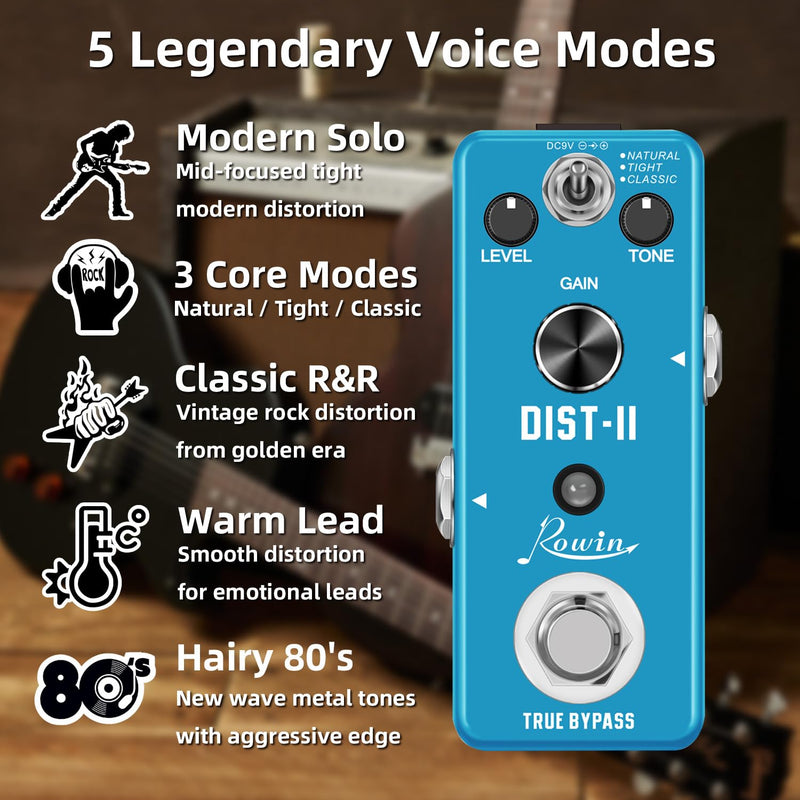 Rowin Distortion Guitar Effect Pedal Mini Analog Solo Distortion Pedal for Electric Guitar True Bypass DC 9V Blue LEF-301B