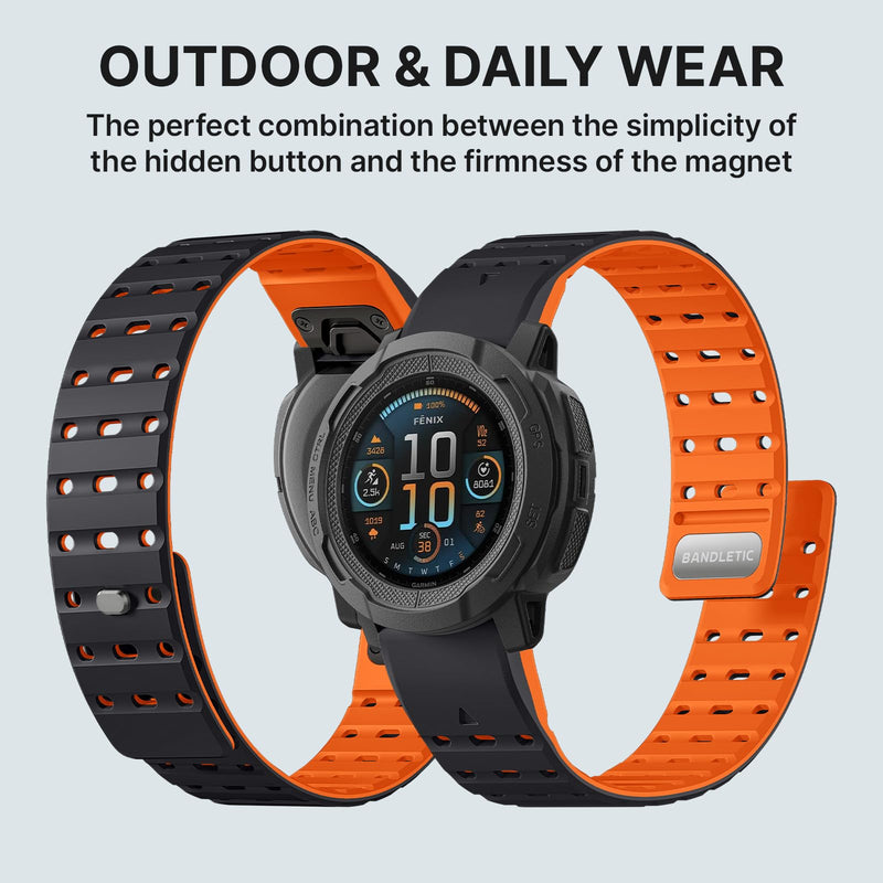 Bandletic Magnetic Band Compatible with Garmin Watch Quick Fit 22mm | 17 N52 Magnets + Snap Button, Stays on Arm During Sports, For Instinct E/3 45mm/2/Fenix E/8 47mm/7/6/5/Forerunner 970/965/955 Black/Orange