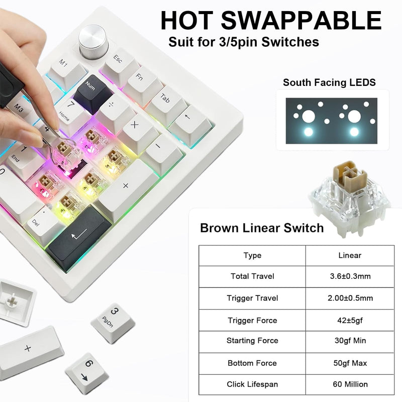 GMK26 Mechanical Numpad,VIA Macro Keypad BT5.0/2.4ghz/Type C Wireless Number Pad RGB HotSwap Numeric Keypads with Knob,PBT Keycaps Gasket Rechargeable Number Keypad for PC Laptop Desktop (Black)