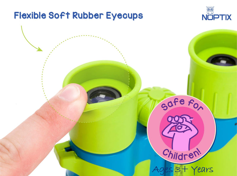 Kids Binoculars girls or boys Real Binoculars in Green Blue - Binoculars for Toddlers up to Kids age 14 - includes sticker book with 40 Bird Species