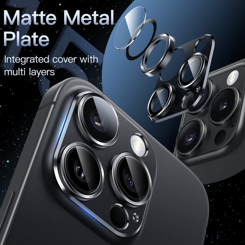 JETech Camera Lens Protector for iPhone 15 Pro 6.1-Inch and iPhone 15 Pro Max 6.7-Inch, Full Coverage 9H Tempered Glass Ring Cover, Matte Metal Plate, Case Friendly, 1-Pack (Space Black) Space Black