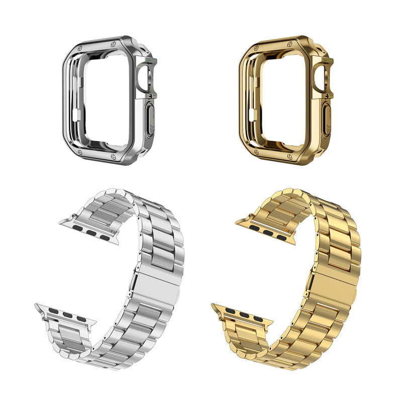2 Pack Designed for Apple Watch Band, Wrist-Band for i-Watch Series 9 8 7 6 5 4 3 2 1 SE, Stainless Steel Metal Chain with TPU Cover Case, Smart-Watch Link Bracelet Strap, 45 44 42 41 40 38mm Gold+Silver 45/44/42mm