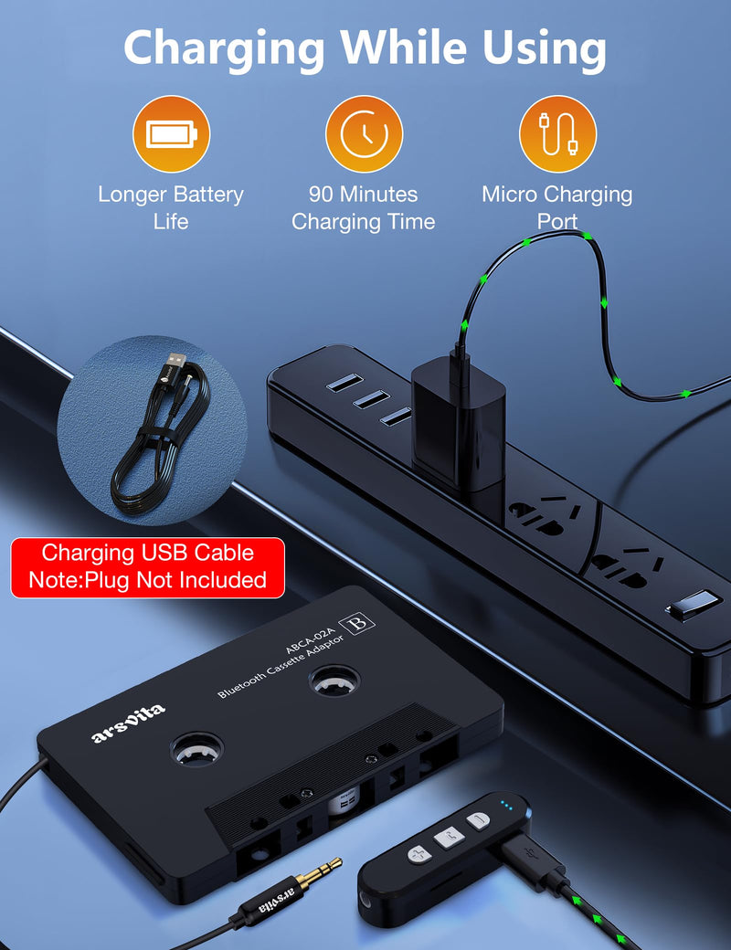 arsvita Car Audio Cassette to Aux Adapter, 5.1 Bluetooth Receiver Kit for Cassette to Aux, Bluetooth Receiver Compatible with 3.5 MM Auxillary Cable Tape, Black, Type BCAK04