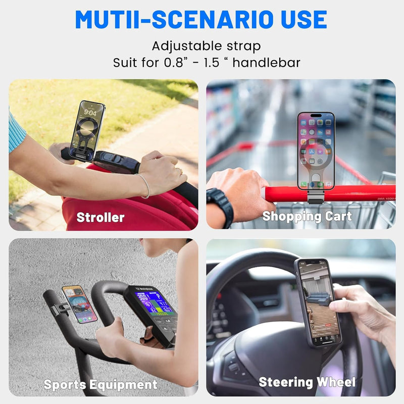 Magnetic Phone Holder for Car, Steering Wheel Phone Holder [Strong Magnet], for MagSafe, Adjustable Strap Compatible with Gym Equipment, Stroller, Shopping Cart, All Phone(Magnetic Ring Included) Black