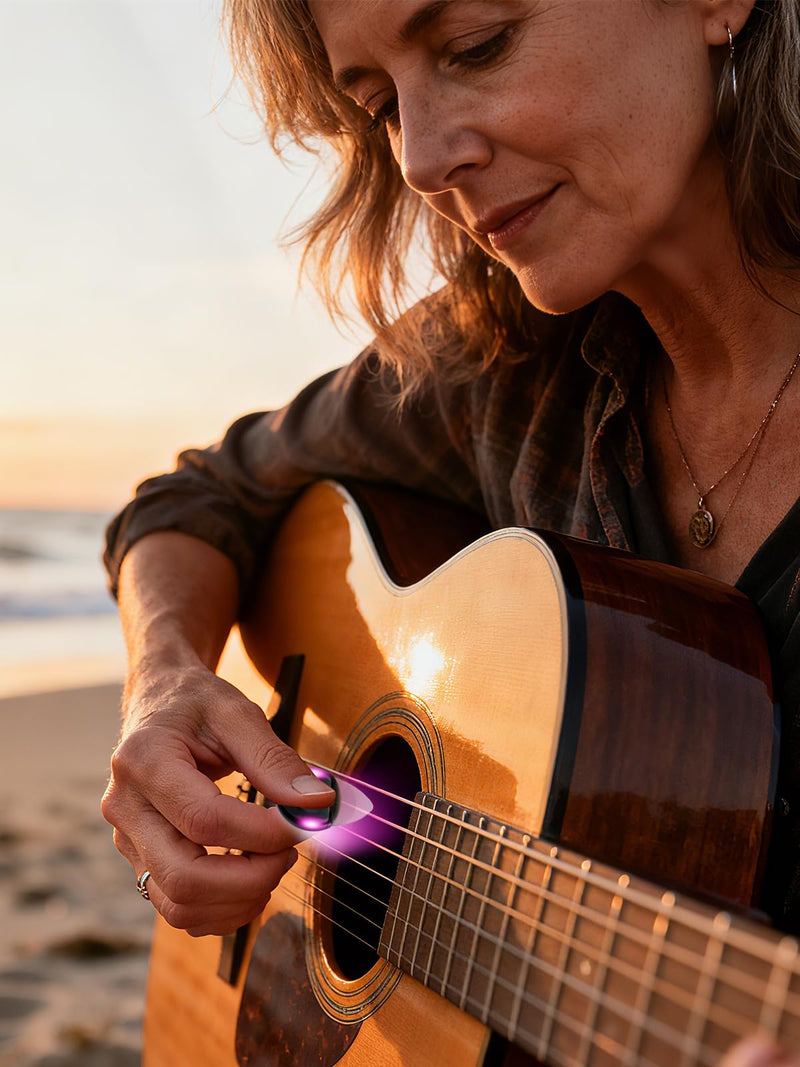 Guitar Gifts Glow in The Dark LED Pick, 0.6mm Automatically Lights Up with Replaceable Battery for Electric Acoustic Bass, Musical Present for Men Women Musicians (2-Pack, Green & Purple) Green+purple