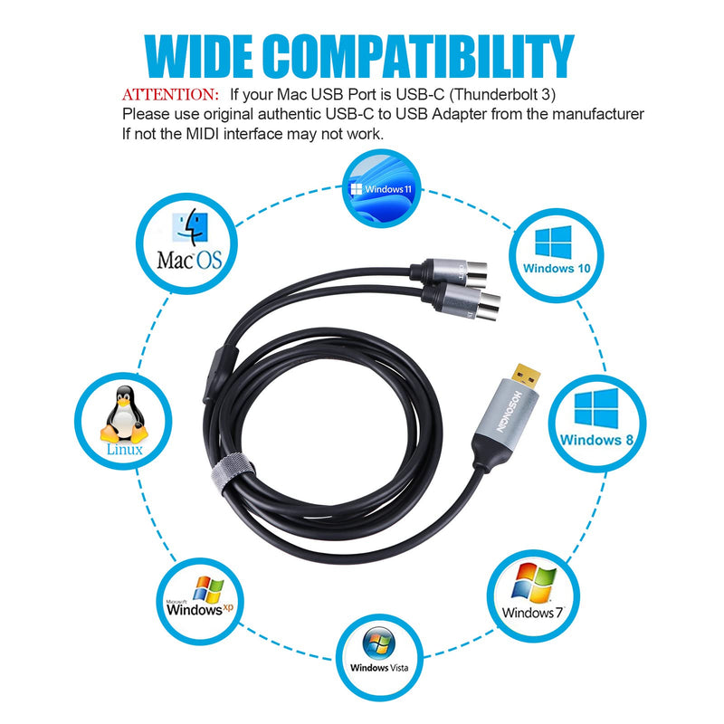 HOSONGIN MIDI to USB Cable 6 Feet, USB to 5-PIN MIDI Interface Adapter Connecting with Keyboard Synthesizer Drum for Editing Recording 5PIN-MIDI to USB