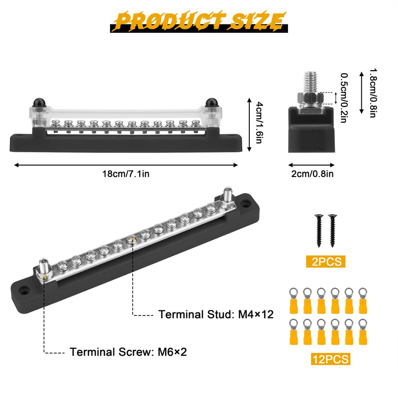 QIMEI-SHOP Bus Bar 12V-48V DC Busbars Distribution Block Busbar 150A Power Distribution Block with 12 x M4 Terminal Bolts for Car Truck Yacht Boat Black M4 Black