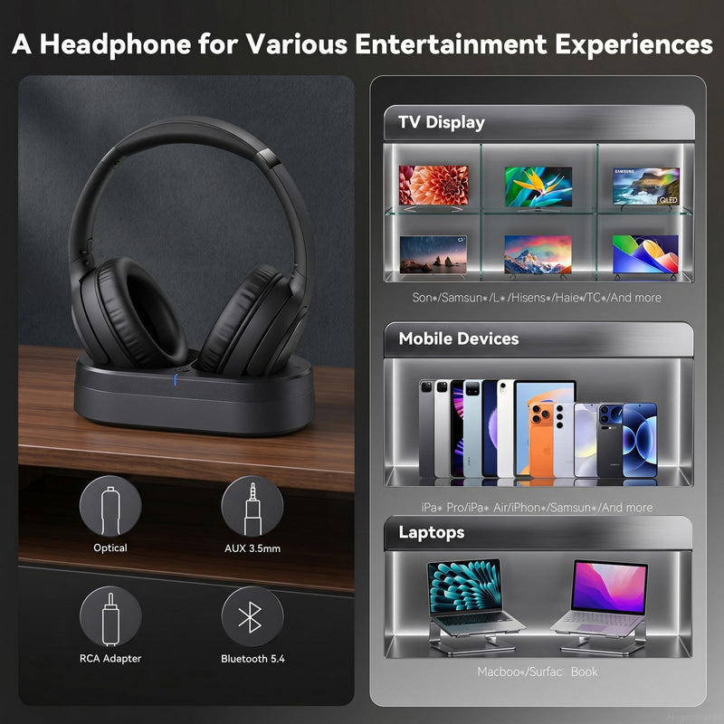 Wireless Headphones for TV Watching, TV Headphones Wireless for Seniors with Versatile Transmitter Charging Dock, Instant Audio Sync, 60-Hour Playtime, Perfect for Parents & Seniors, Black