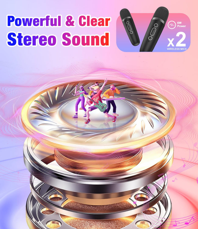 Mini Karaoke Machine, Portable Bluetooth Speaker with 2 Wireless Microphones for Kids & Adults, Karaoke Microphone with LED Lights, Gifts for Girls & Boys Black