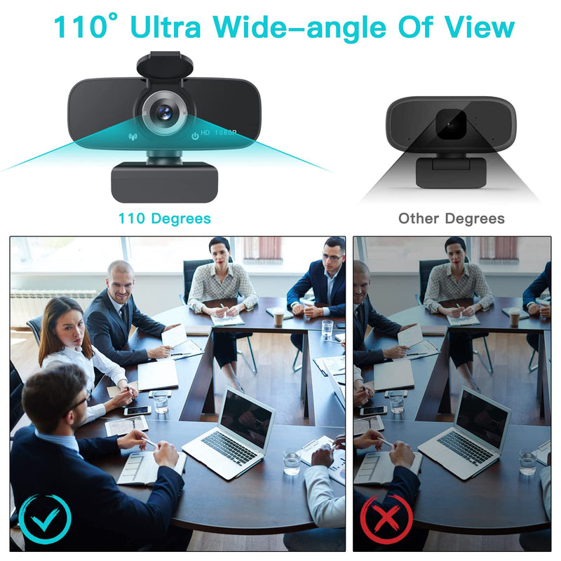 1080P HD Webcam with Microphone for Desktop, USB Computer Camera with Web Cam Cover&Web Camera Stand, 110-degree Wide Angle Streaming Webcam for PC Zoom/Video Calling/Gaming/Laptop/Conferencing Black
