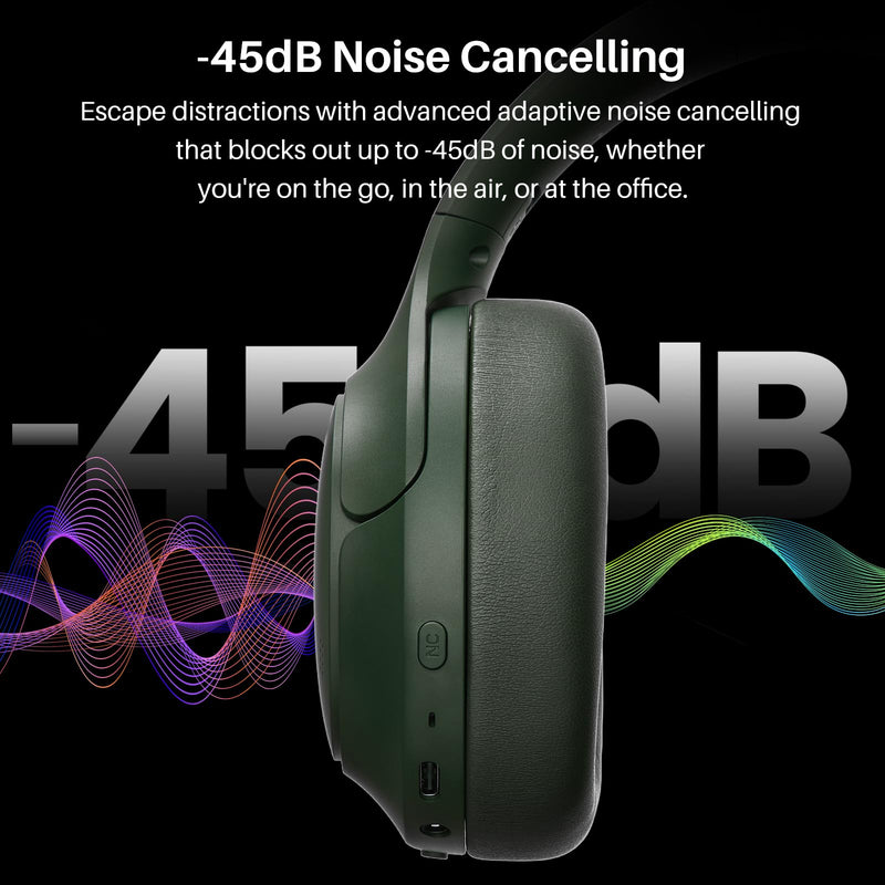 TOZO HT3 Hybrid Noise Cancelling Wireless Headphones, 90H Over Ear Headset | Hi Res Audio, AI Voice Assistant, Dual Device Connection, 32 Custom EQs, Built In 5 Mics, ANC, Foldable with Case Matte Green Headphones with Case