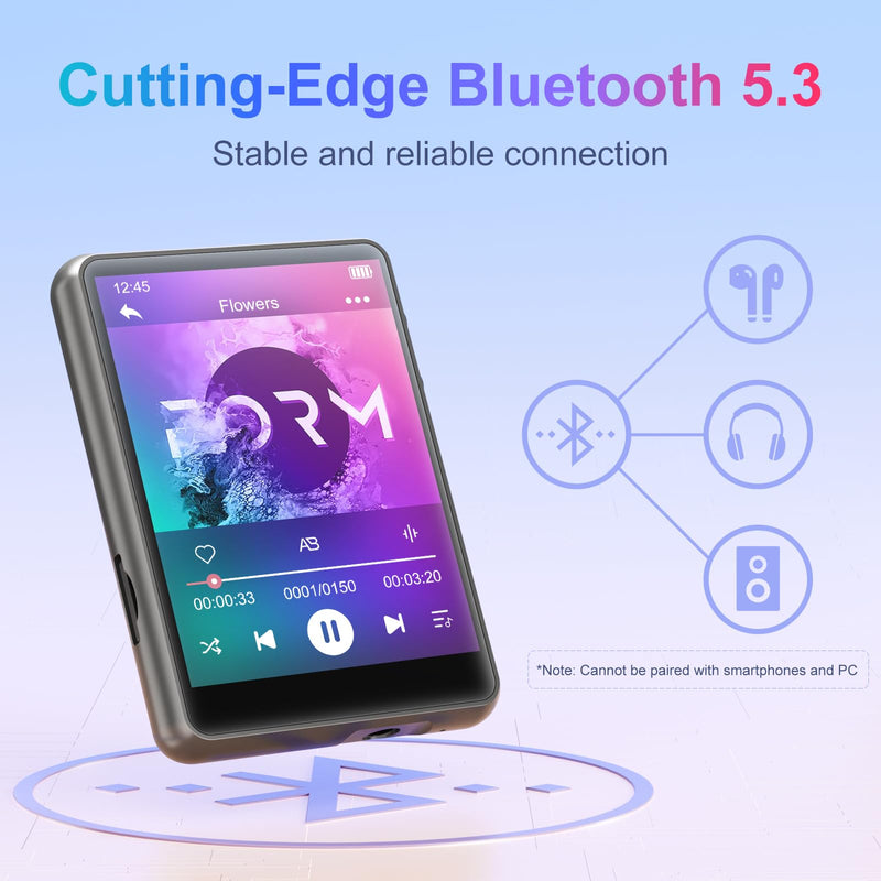 [AUSTRALIA] - MECHEN 64GB MP3 Player Bluetooth 5.3 with 2.4" Full Touch Screen，Portable Digital Music Player with Speaker，FM Radio, Line Recording, HiFi Lossless Sound, Support up to 128GB. (Gray) Gray 