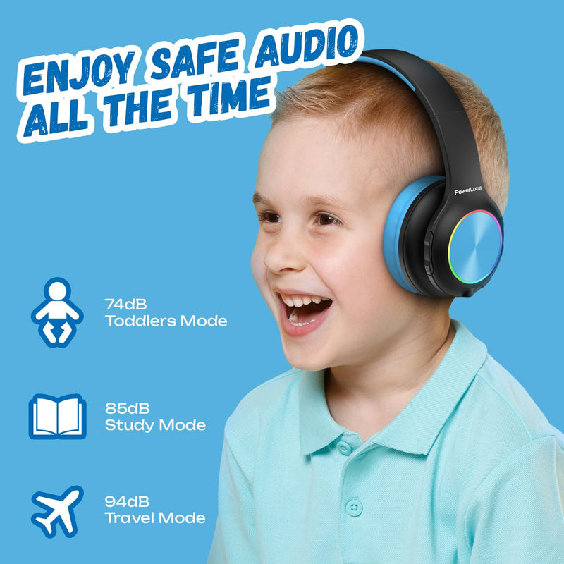 PowerLocus PLED Kids Headphones Wireless, Over Ear Headphones for Kids with 74/85/94dB Safe Volume Limits, Microphone, LED Lights
