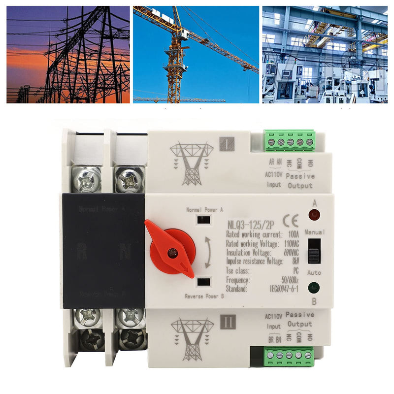 [AUSTRALIA] - Automatic Transfer Switch, 50 60HZ Generator Automatic Transfer Switch 2P ATS AC110V 100A for PZ30 Distribution Boxes in Homes Factories and Laboratories, PC and Silver 