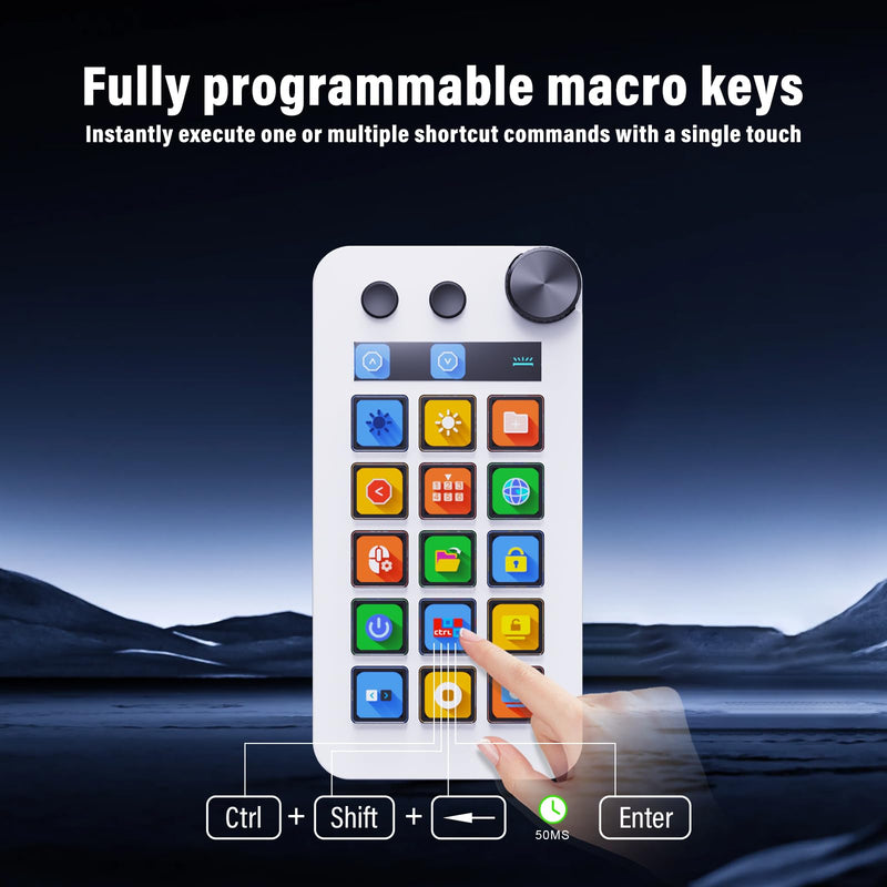 Streaming Deck,Macro pad/Calculator/Numeric Keypad Three Modes | 15 Customizable Macro Keys and LCD Bar,Large Dial,Workflow Controller,Compatible with Windows and Mac(N1 White)