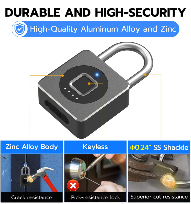 eLinkSmart Fingerprint Gym Locker Lock, Keyless Biometric Padlock, Weatherproof Electronic Digital Smart Combo Pad Lock for Outdoor Fence Gate Storage Fridge Helmet Ski Pool Shed (Black, with Cable) Black, with Cable