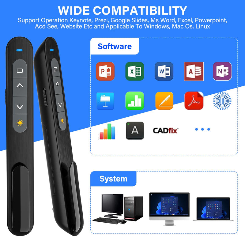 Presentation Clicker, Wireless Presenter with Red Light Pointer, Clicker for Powerpoint Presentations RF 2.4GHz USB Presenter Remote Google Slide Advancer with Hyperlink Volume Control F07 AAA-USB