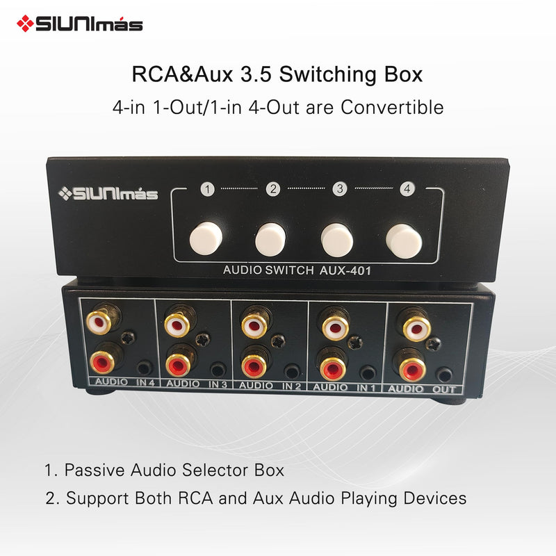 4-in 1-Out RCA and 3.5mm Aux Audio Receiver Switching Box 4 Channels Audio Converter Passive Audio Selector Switch Box 1-in 4-Out (S401-RCA AUX) S401-RCA AUX