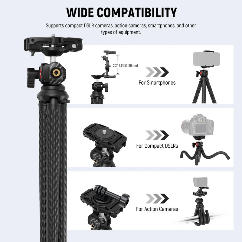 NEEWER Flexible Tripod with Remote, Mini Camera Phone Tripod Stand with Hidden Phone Holder&Action Camera Adapter Compatible with iPhone GoPro Hero13 12 11 10 DJI Insta360 Samsung for Vlogging, TP34