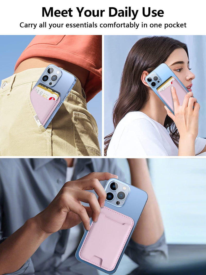 TopMade for Magsafe Wallet, Magnetic Wallet Card Holder for iPhone 15, iPhone 14/13/12 Series, Leather Magnetic Phone Wallet with Powerful Magnet, Credit Card RFID Blocking, Fit 4 Cards, Pink