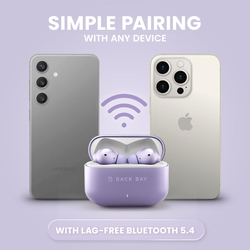 Back Bay Audio True Wireless Earbuds Noise Cancelling Earbuds, Premium ANC | Deep Noise Cancelling Earpods, Bluetooth 5.4 Ear Buds, iPhone and Android Active Earphones with ANC Sound Blocking Lavender