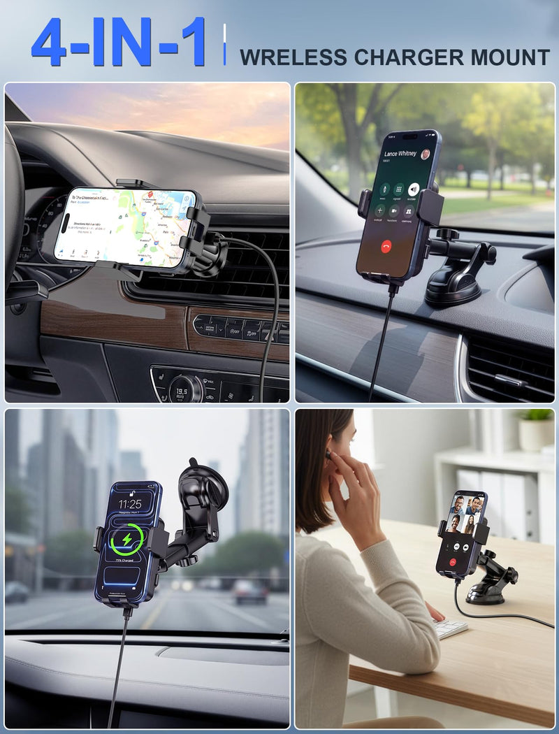 Wireless Car Charger Auto Clamping LED Car Charger Dash Windshield Air Vent | Phone Holder Compatible with iPhone 17 16 15 14/13/13 Pro/12 pro/12/11/X/8, Samsung S24/S23/S22 Series Dashboard