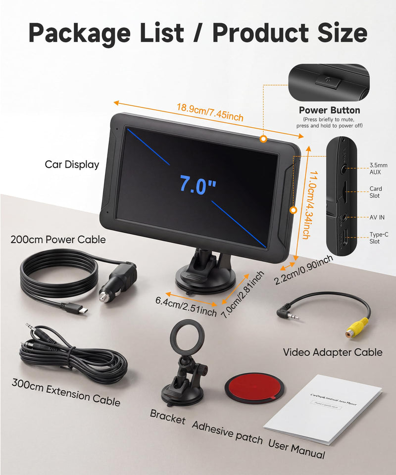 7-Inch HD IPS Portable Carplay Screen for Car, Wireless CarPlay & Android Auto, Bluetooth Music & Call, Wireless Screen Mirroring, CVBS Rearview Camera Compatible with Adjustable Brightness