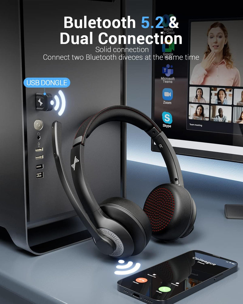 [AUSTRALIA] - Wireless Headset with AI Noise Cancelling Microphone Bluetooth Headset - Bluetooth V5.2 Headphones with USB Dongle, Charging Base & Mic Mute for Computer/Laptop/PC/iPhone/Android/Cell Phones Black 