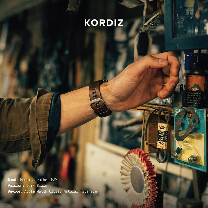 KORDIZ Modern Leather MAX Band for Apple Watch Ultra 3, Ultra 2 & Ultra (49mm) – Premium Full-Grain Leather Strap for Men, Rugged Modern Design, Stainless Steel Buckle, Comfortable Everyday Fit – 26mm Wide Leather Band ULTRA Silver 49mm | Dark Brown