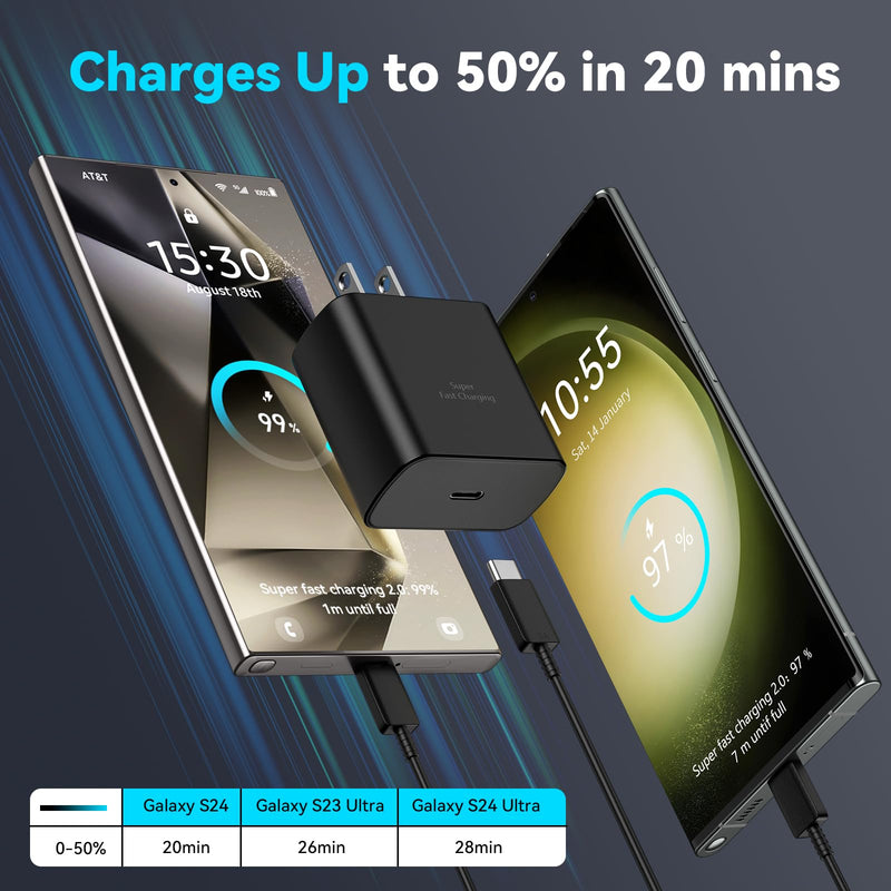 Samsung Galaxy S24 Ultra Charger 45W USB-C Super Fast Charger Android Phone Charger Block with 6.6 FT Cable for Samsung Galaxy S24 Ultra/S24/S24+/S23 Ultra/S23/S23+/S22/S21/S20/Note 10/20, Galaxy Tab black 6.6FT