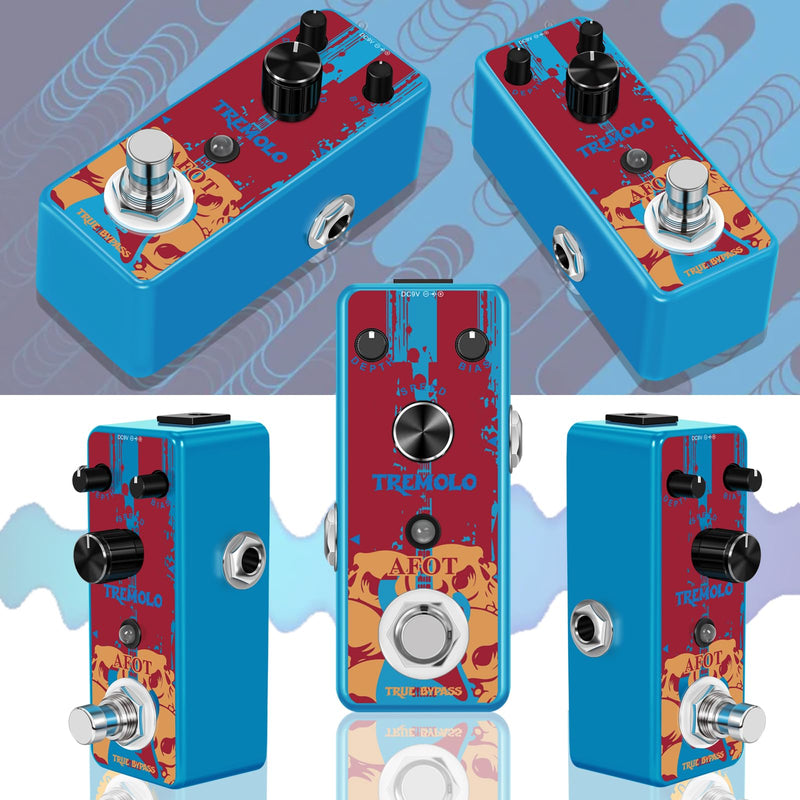 Classic Tremolo Guitar Effects Pedal for Electric Guitar and Bass - Analog Photoelectric Tremolo With True Bypass, Mini Size Blue Tremolo