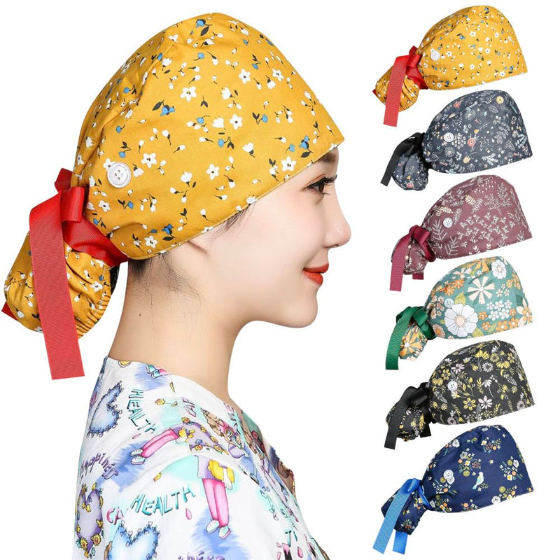 Satin Lined Scrub Caps Women Adjustable Nurse Surgical Hat with Buttons Sweatband Ponytail Working Cap with Tie Back Vivid Pattern