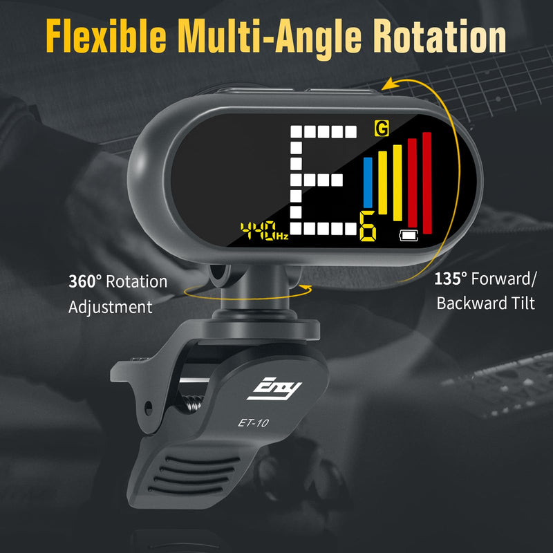 EX Professional Rechargeable Clip-On Guitar Tuner with LCD Screen - Chromatic Clip on Tuner for Acoustic Guitar, Bass Guitar, Ukulele, Violin & Chromatic Gray