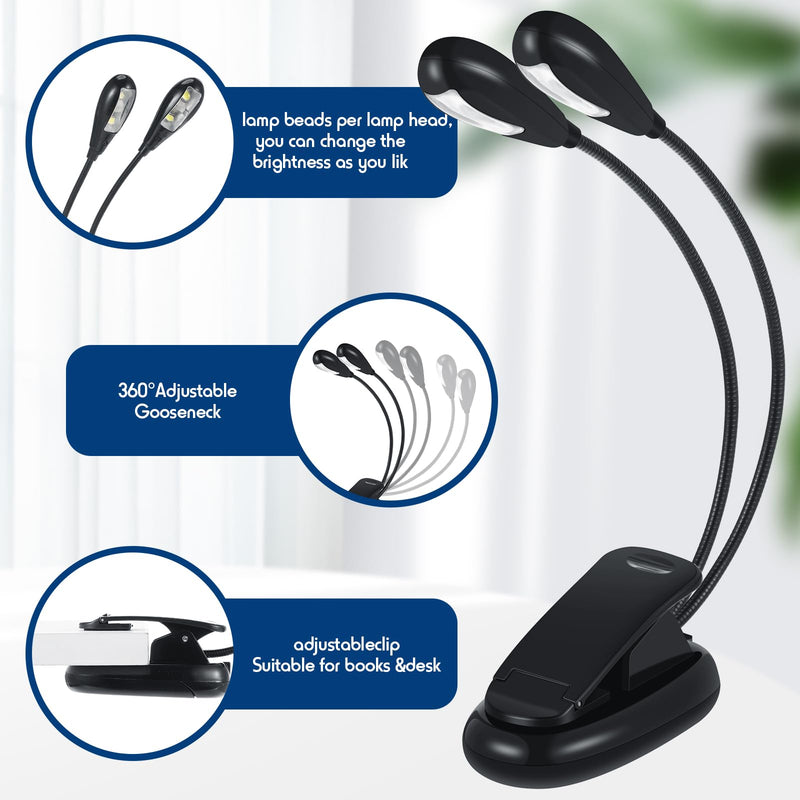 6 Pcs Music Stand Clip on Reading Light USB and AAA Battery Operated LED Book Lights in Bed 3 Brightness Levels Ideal for Musician, Piano Player, Kids, AAA Battery Not Included (Dual Arms) Dual Arms