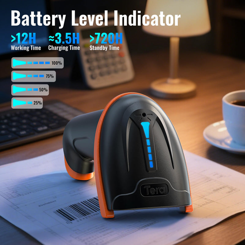 [AUSTRALIA] - Tera 1D 2D QR Barcode Scanner Wireless and Wired with Battery Level Indicator Digital Printed Bar Code Reader Cordless Handheld Barcode Scanner Compact Plug and Play Model D5100 2D Orange 