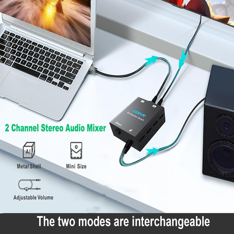SGEYR Audio Switcher 3.5mm Bi-Direction Switch 2-in-1 Out/ 1-in-2 Out Audio Stereo Mixer Mini Sound Mixer for PC Versatile Connectivity