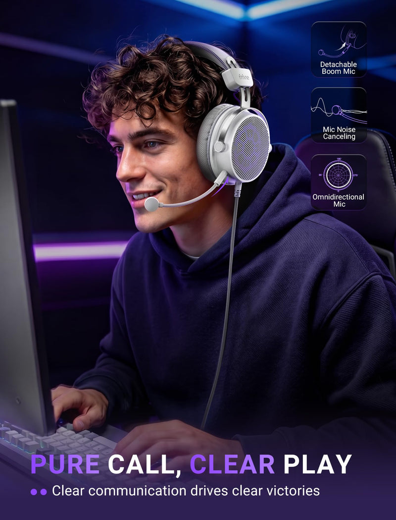 FIFINE H18V LiteWP Wired Open Back Gaming Headset, Expansive Soundstage | 53mm Drivers Bass, 3.5mm/USB Connectivity, Crisp 7.1 Surround, Active Noise Canceling Mic, Spacious Earcups, for PC/Xbox/PS5 White and purple