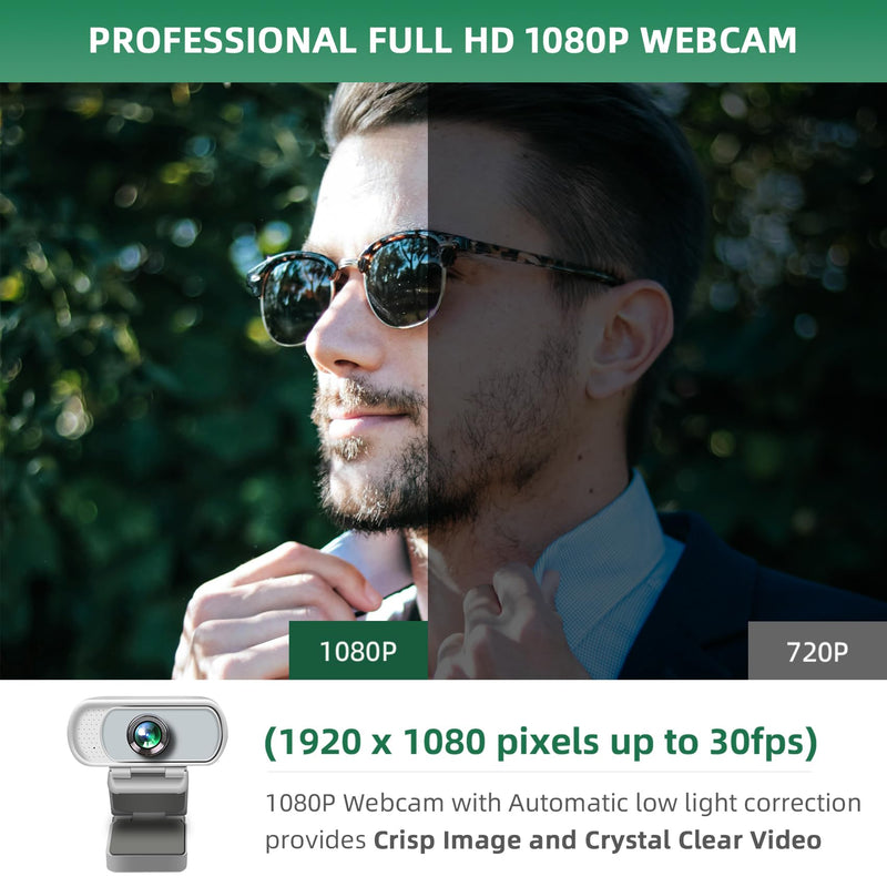 1080P Webcam with Mic, Pro Streaming Web Camera with Privacy Cover and Stand, Widescreen USB Computer Camera for PC Mac Laptop Desktop, USB C to USB Adapter Included White(New Upgraded) White Webcam with USB-C Adapter