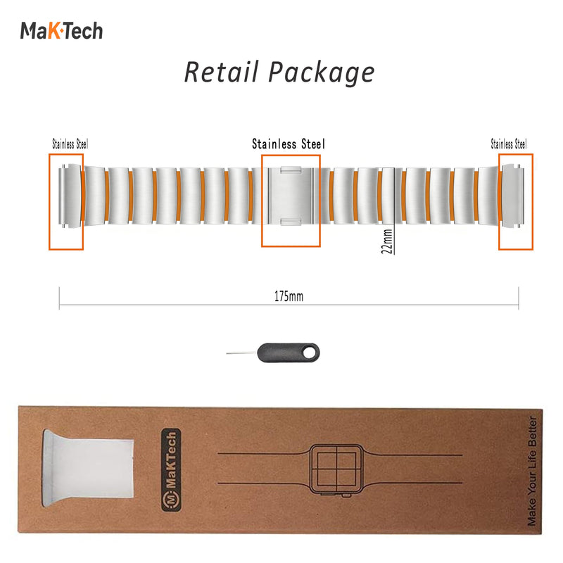 22mm Titanium Watch Band, Silicone Lined, DLC-Coated, MAG | MaKTech Lightweight Bracelet, Magnetic Clasp, for Galaxy Watch 46mm, HUAWEI GT6 46mm, Garmin Forerunner 47mm Silver/Orange