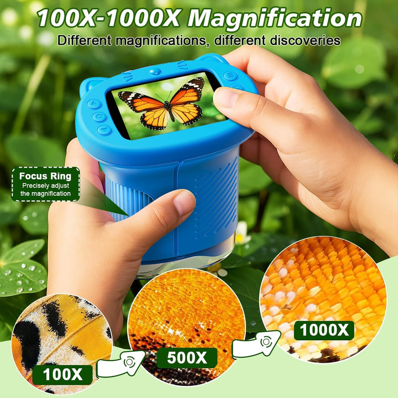 [AUSTRALIA] - 1000X Handheld Digital Microscope for Kids, 4K Kids Microscope with 2.4" Screen, 200–1000X Magnification, Portable STEM Educational Toy with 12 Slides for Boys and Girls Ages 5–12 (Blue) Blue 