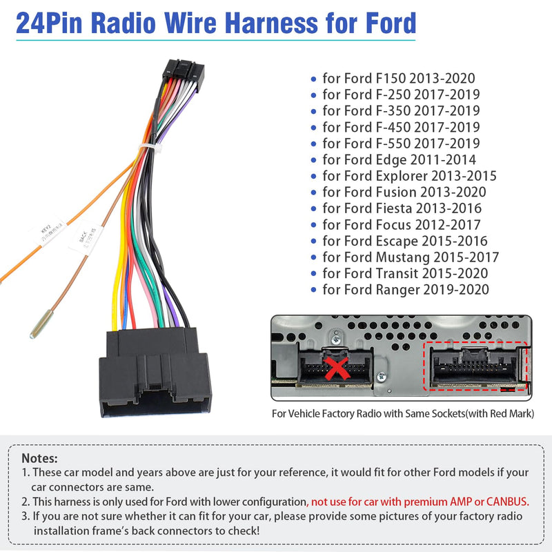 24Pin Radio Wiring Harness Compatible with Ford F150/250/350/450/550 Explorer Fusion Focus Mustang Transit Fiesta, 16Pin Car Stereo Wire Adapter+Butt Connector