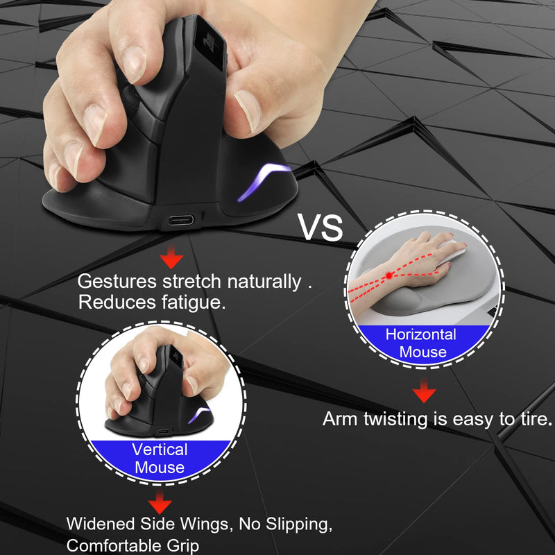 Wireless Vertical Mouse, 2.4G Wireless Ergonomic Vertical Computer Mouse with 3 Adjustable DPI 1000/1600/2400, Rechargeable Laptop Mouse-Reduce Wrist Pain Compatible with PC, Desktop,Mac (Black)… Black