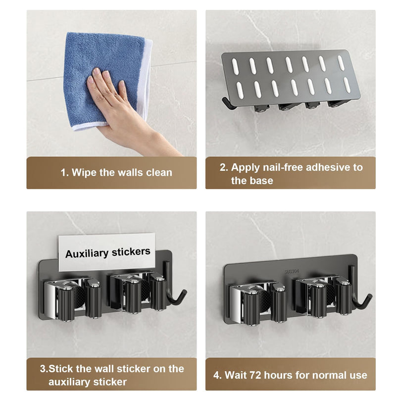 HTRTRR Broom Holder Wall 2 Pieces, 3 in 1 Tool Holder Stainless Steel Garden Tool Holder Wall Mount Self-Adhesive Broom Holder for Kitchen, Home, Bathroom, Garage, Garden