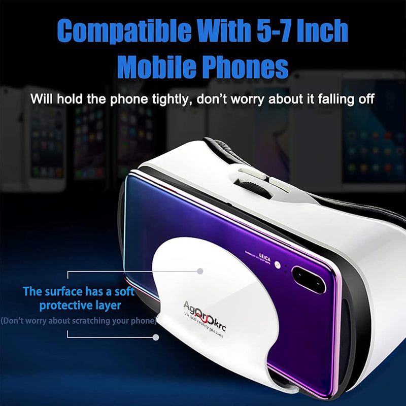 VR Headset with Controller Adjustable 3D VR Glasses Virtual Reality Headset HD Blu-ray Eye Protected Support 5~7 Inch for Phone/Android White